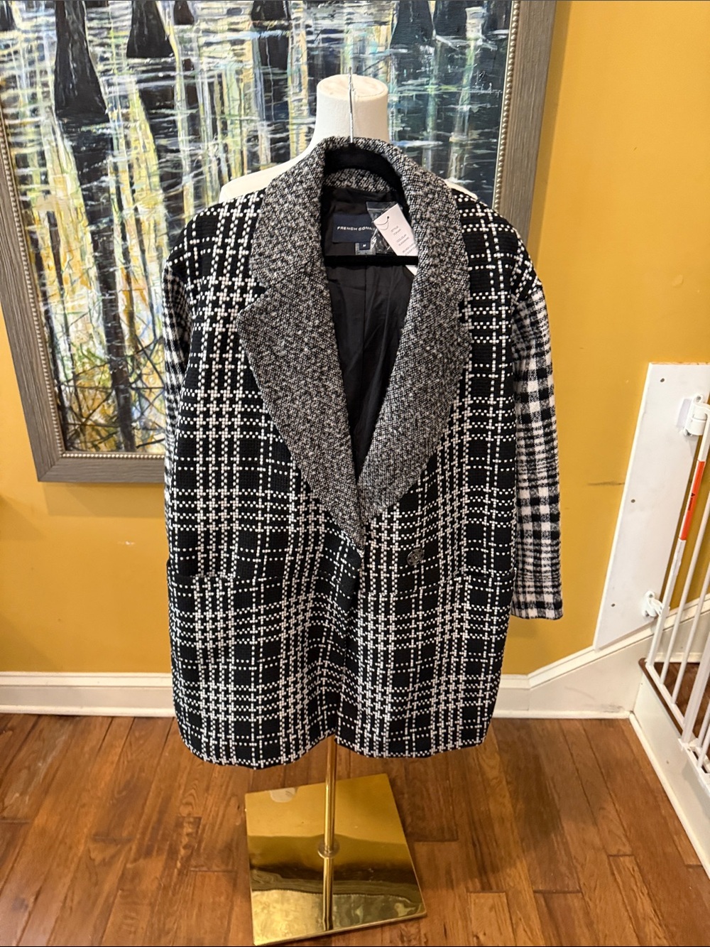 French Connection Black & White Checked Pea Coat with Gray Shawl Collar
